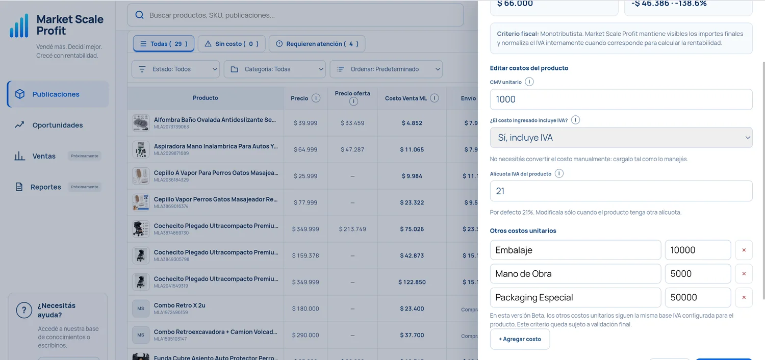 Pantalla real de carga de Costos de Market Scale Profit
