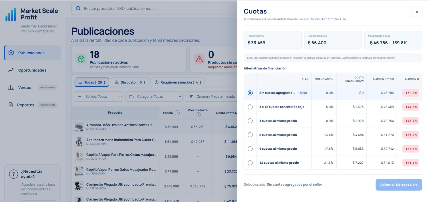 Pantalla real del comparador de Cuotas de Market Scale Profit