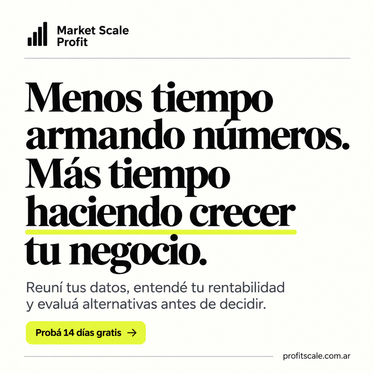 Menos tiempo armando números. Más tiempo haciendo crecer tu negocio. Probá Market Scale Profit 14 días gratis.